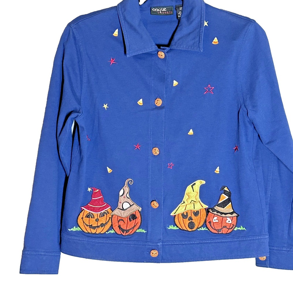 Vintage Onque‎ Casuals Halloween Pumpkin Jacket Size S Candy Corn Witch Hats
